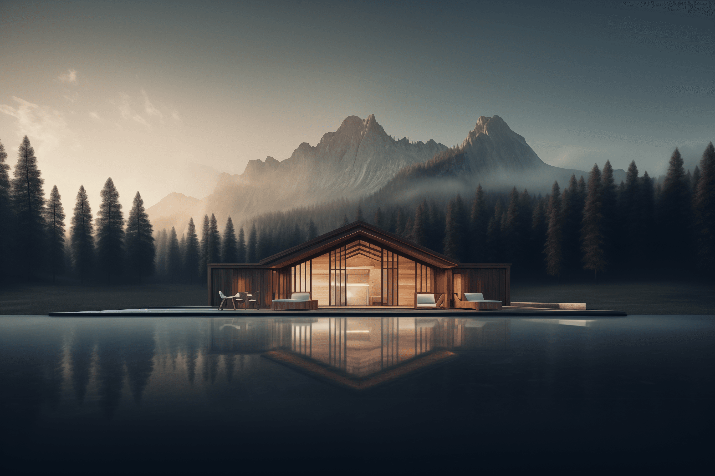 Mountains and forests with a cabin